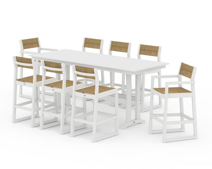 POLYWOOD® EDGE Sling 9-Piece Farmhouse Bar Set with Trestle Legs in White / Burlap Sling