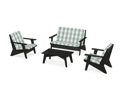 POLYWOOD® Riviera Modern Lounge 4-Piece Set in Black / Buffalo Plaid Glacier Spa