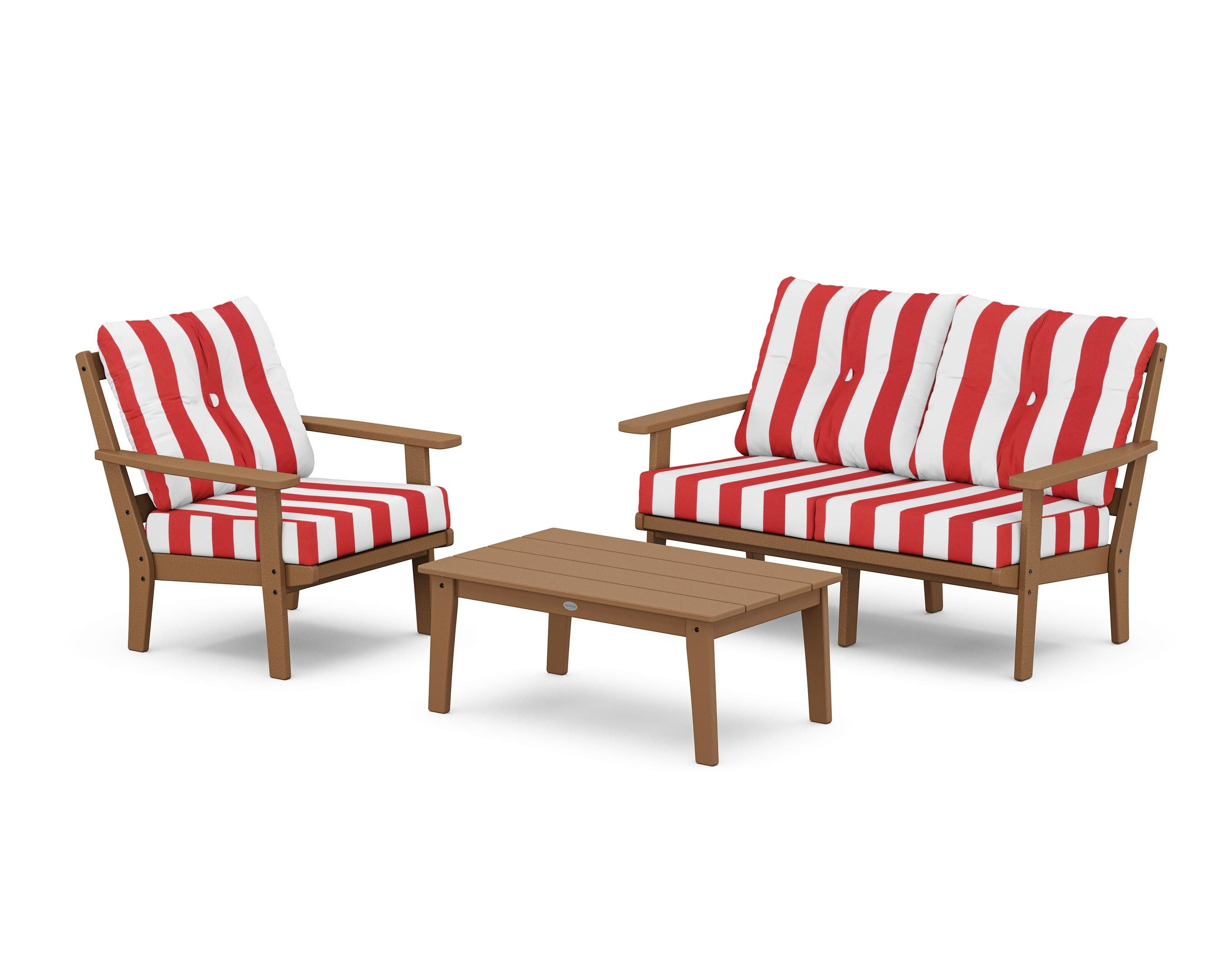 POLYWOOD® Oxford 3-Piece Deep Seating Set with Loveseat in Teak / Cabana Stripe Crimson