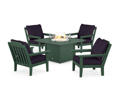 Country Living Cottage 5-Piece Deep Seating Set with Fire Pit Table in Green / Navy Linen