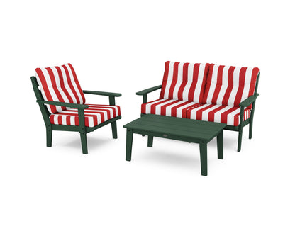 POLYWOOD® Lakeside 3-Piece Deep Seating Set in Green / Cabana Stripe Crimson
