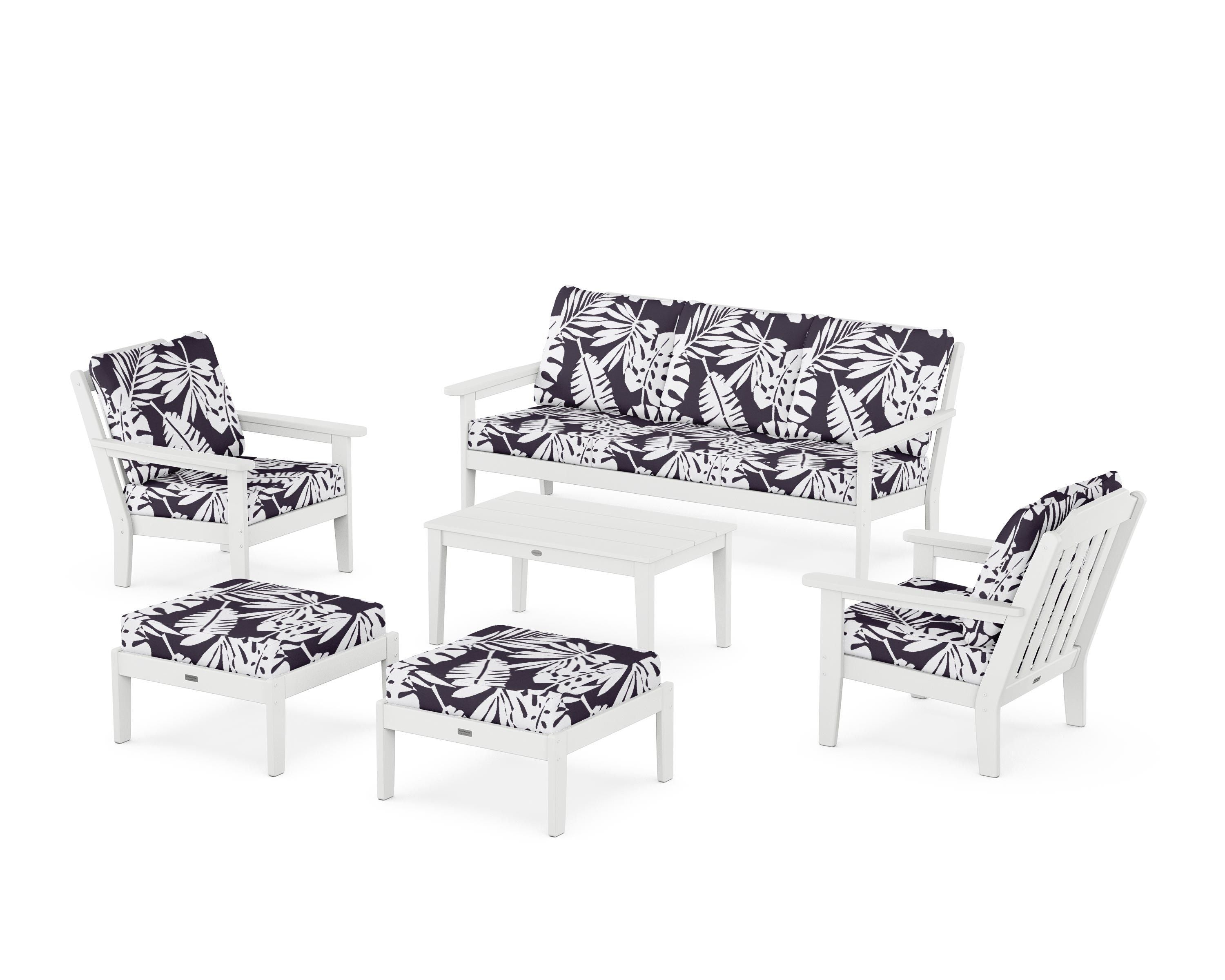Country Living Cottage 6-Piece Lounge Sofa Set in White / Leaf Navy