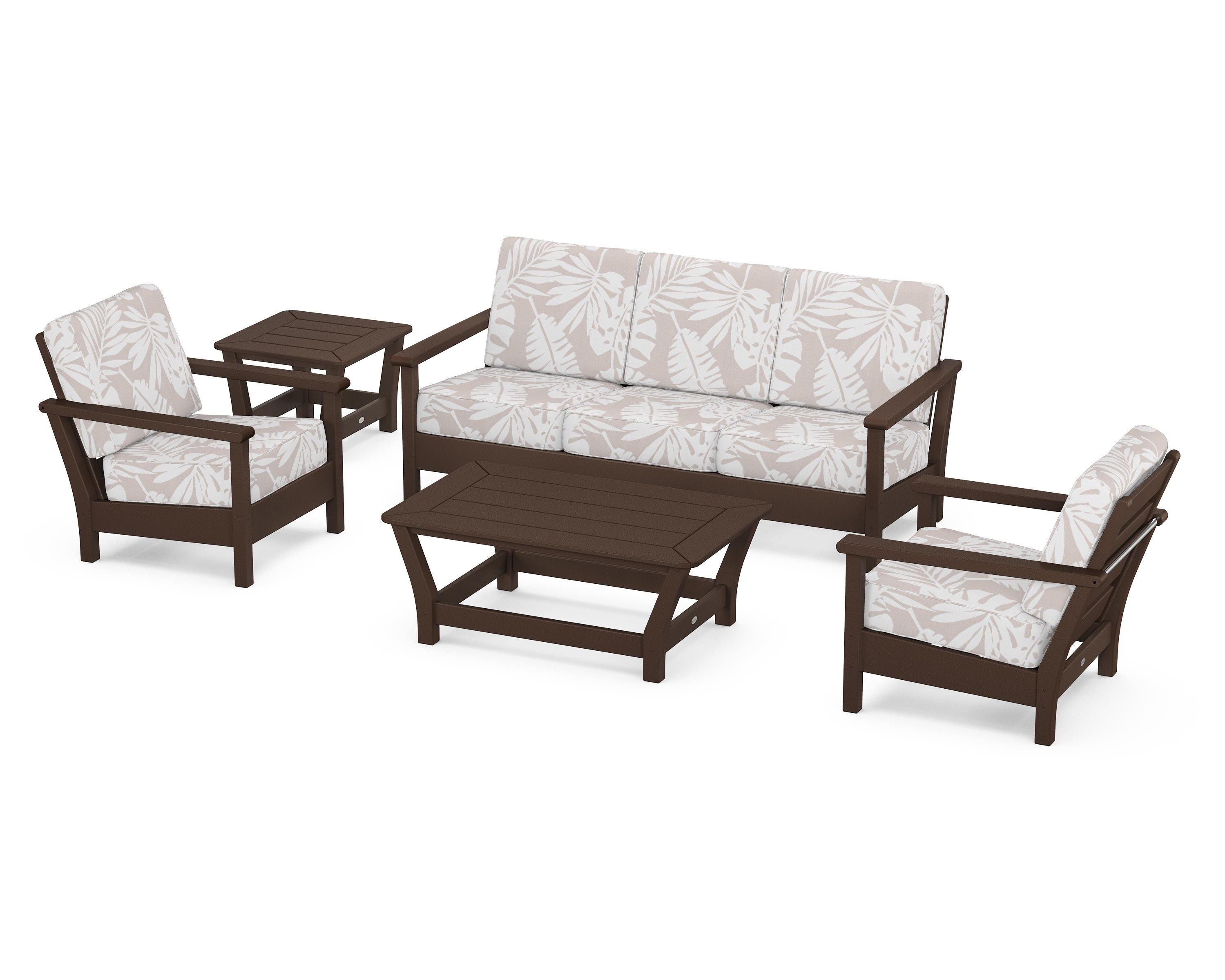 POLYWOOD® Harbour 5-Piece Deep Seating Set in Mahogany / Leaf Dune Burlap