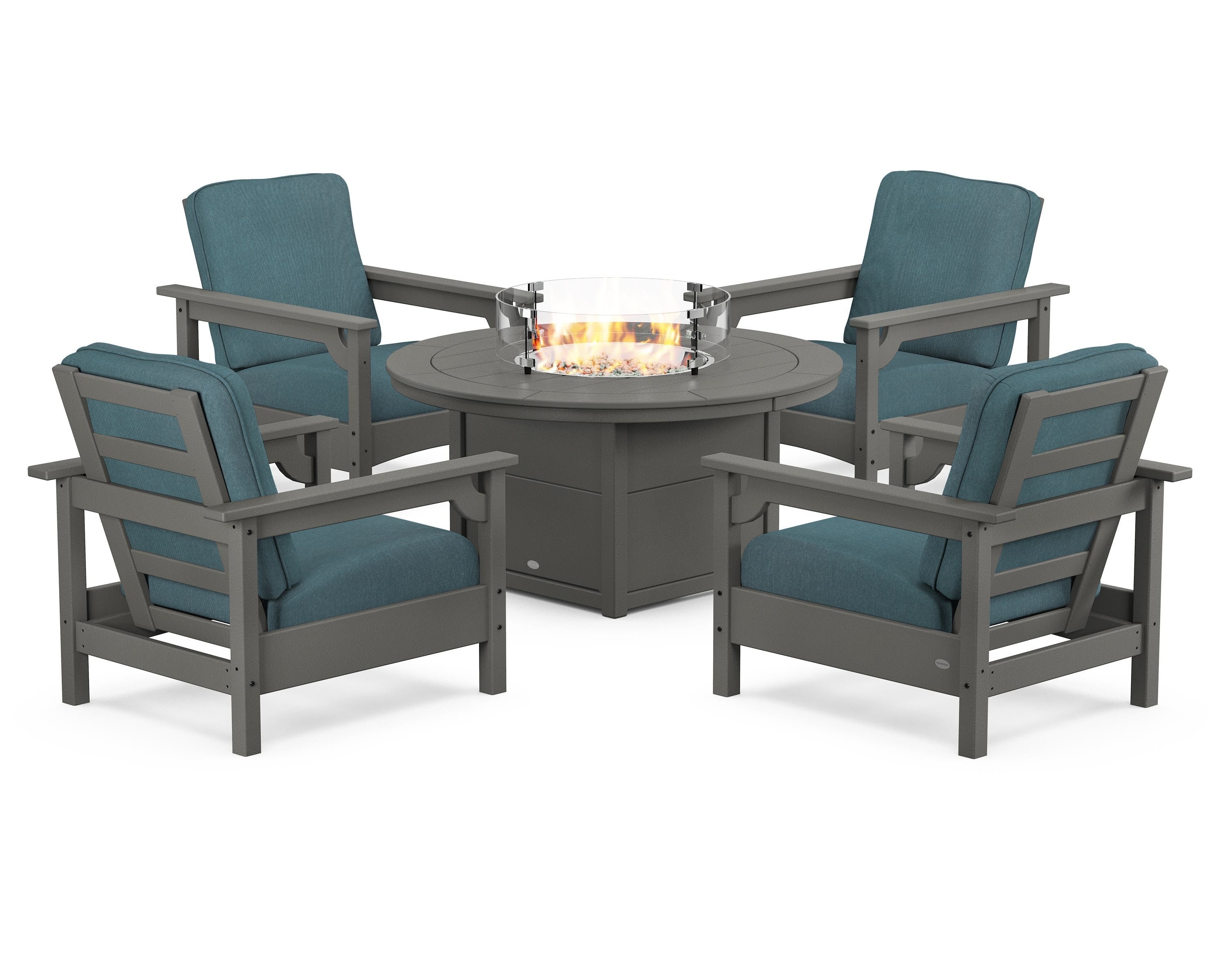 POLYWOOD® Club 5-Piece Conversation Set with Fire Pit Table in Slate Grey / Ocean Teal