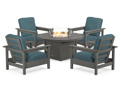 POLYWOOD® Club 5-Piece Conversation Set with Fire Pit Table in Slate Grey / Ocean Teal