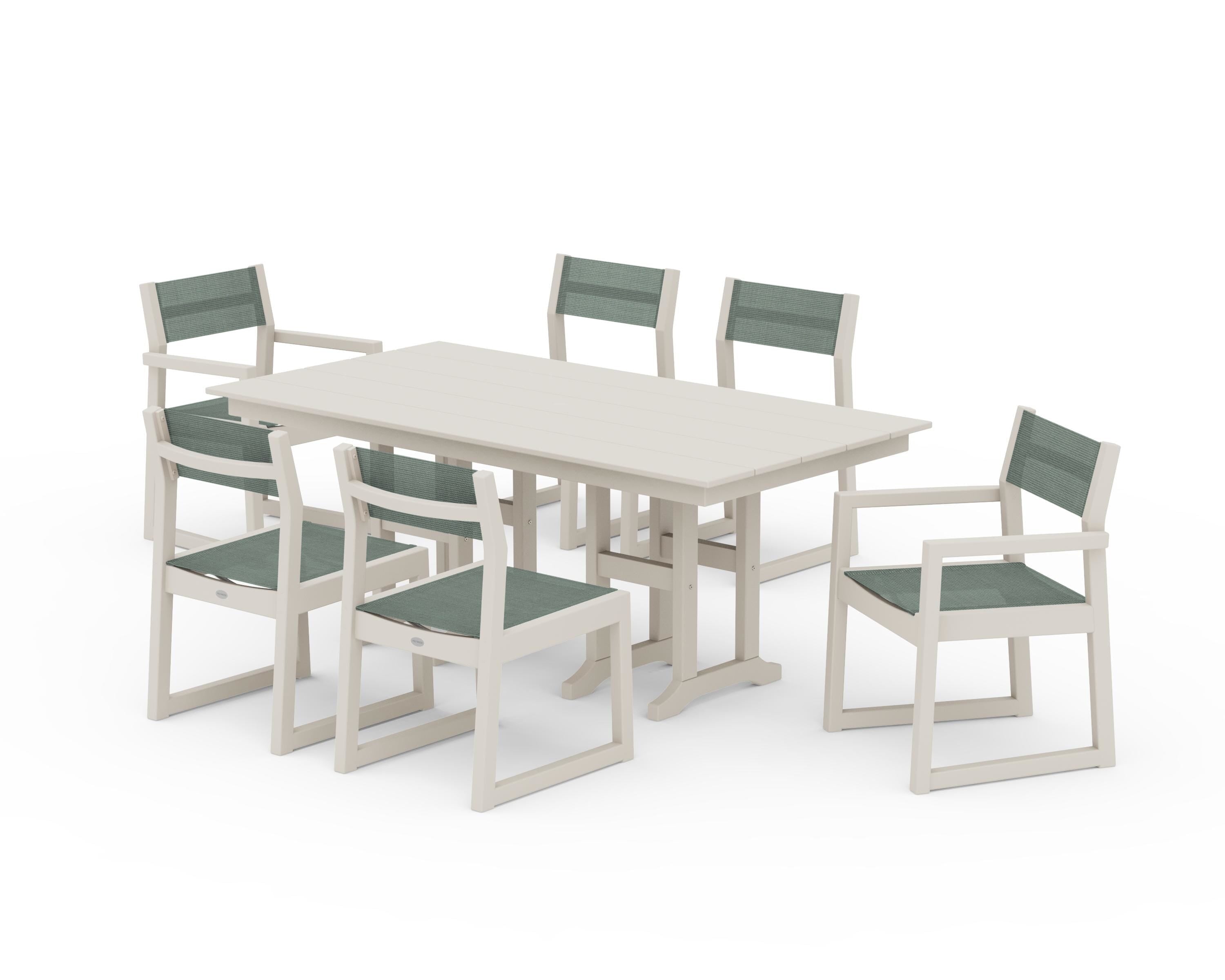 POLYWOOD® EDGE Sling 7-Piece Farmhouse Dining Set in Sand / Dupioni Sea Mist Sling