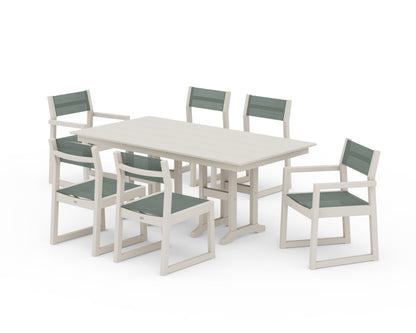 POLYWOOD® EDGE Sling 7-Piece Farmhouse Dining Set in Sand / Dupioni Sea Mist Sling