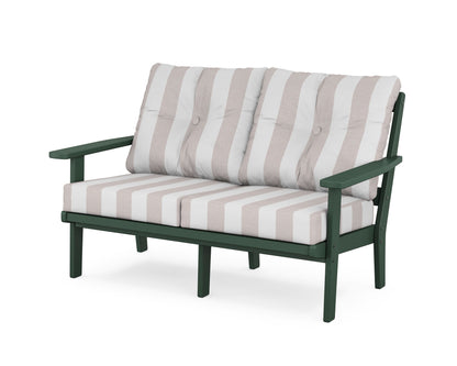 POLYWOOD® Oxford Deep Seating Loveseat in Green / Cabana Stripe Dune Burlap