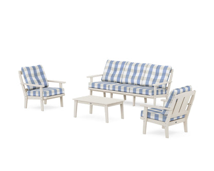 POLYWOOD® Mission 4-Piece Deep Seating Set with Sofa in Sand / Buffalo Plaid Sky Blue