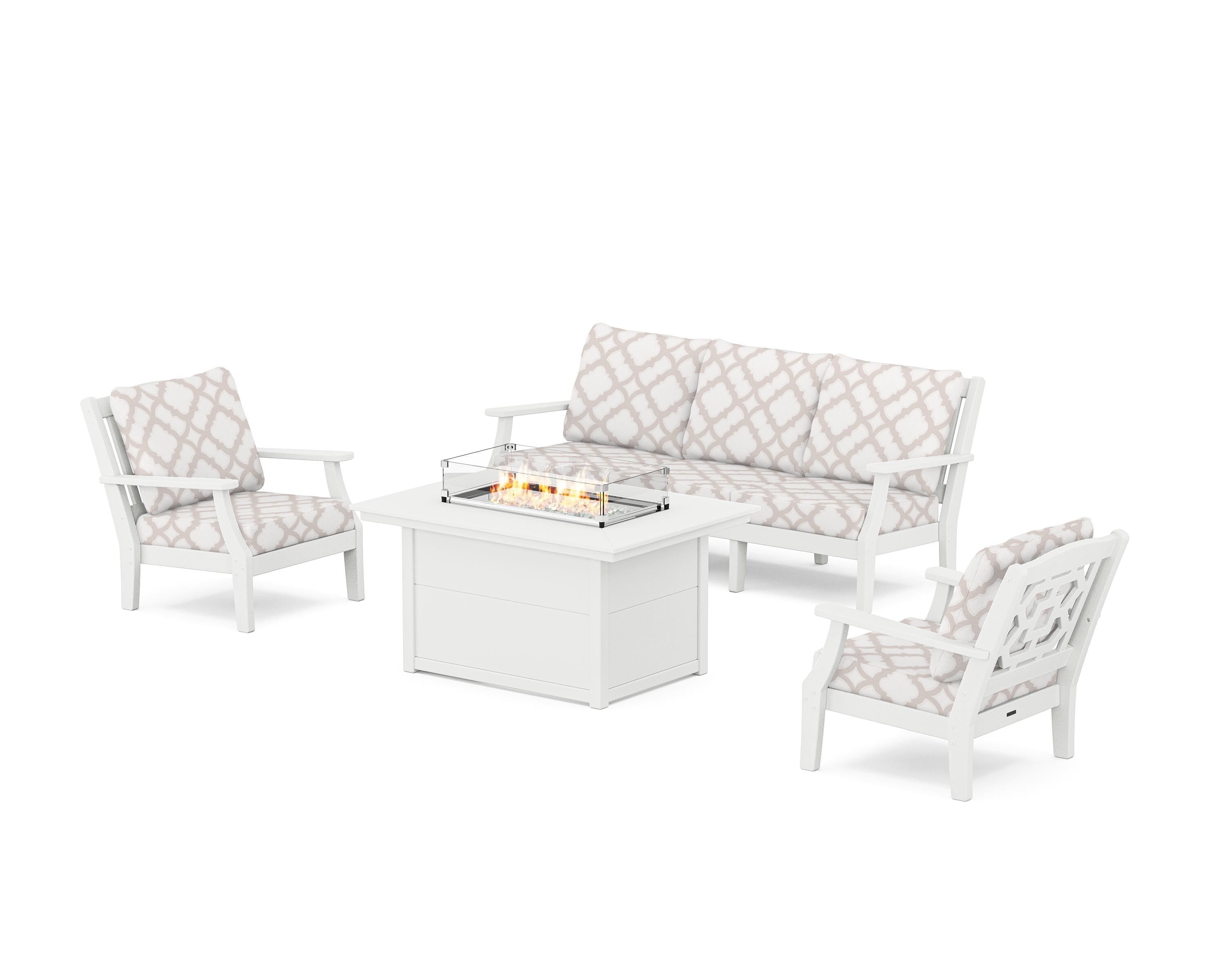 Martha Stewart by POLYWOOD® Chinoiserie Deep Seating Fire Pit Table Set in White / Trellis Dune Burlap