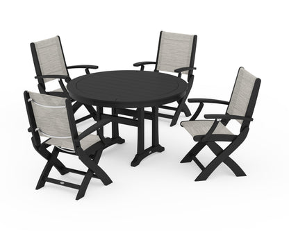 POLYWOOD® Coastal Folding Chair 5-Piece Round Dining Set with Trestle Legs in Black / Birch Sling