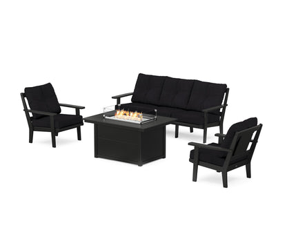 POLYWOOD® Prairie Deep Seating Fire Pit Table Set in Black / Midnight Linen