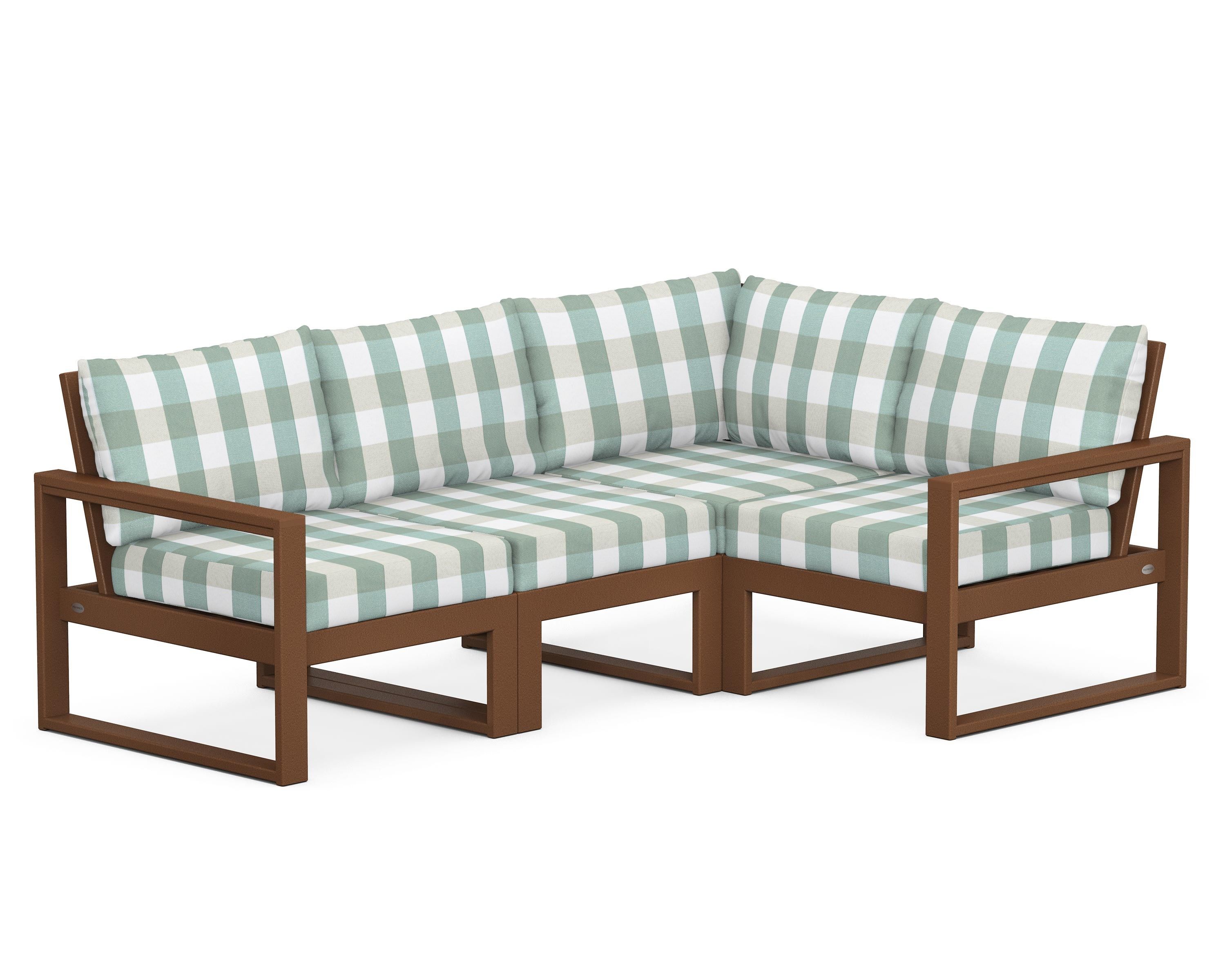 POLYWOOD® EDGE 4-Piece Modular Deep Seating Set in Teak / Buffalo Plaid Glacier Spa