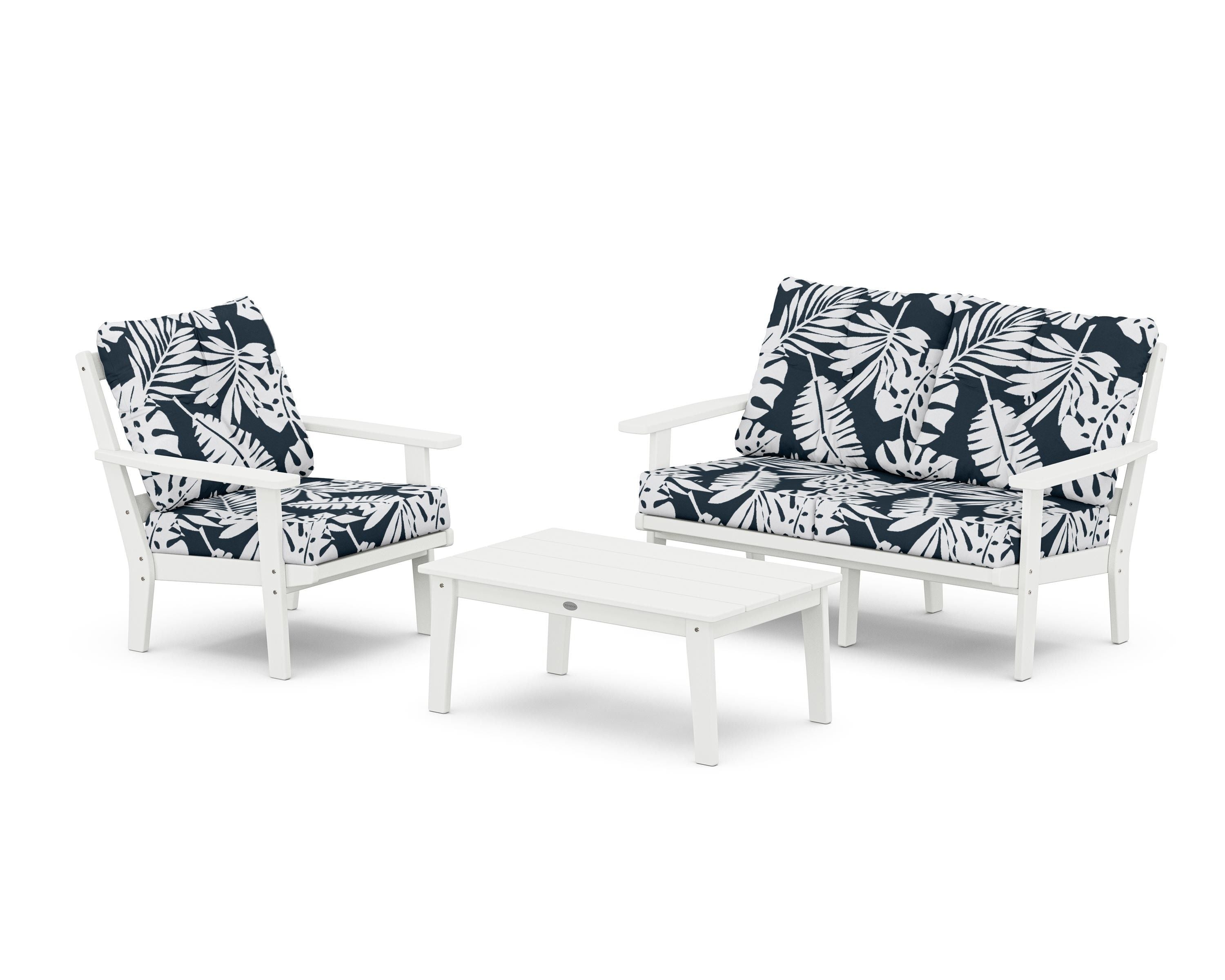 POLYWOOD® Prairie 3-Piece Deep Seating Set with Loveseat in White / Leaf Marine Indigo