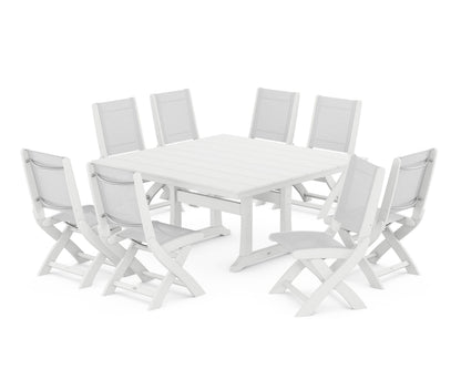 POLYWOOD® Coastal Folding Side Chair 9-Piece Farmhouse Dining Set in White / White Sling