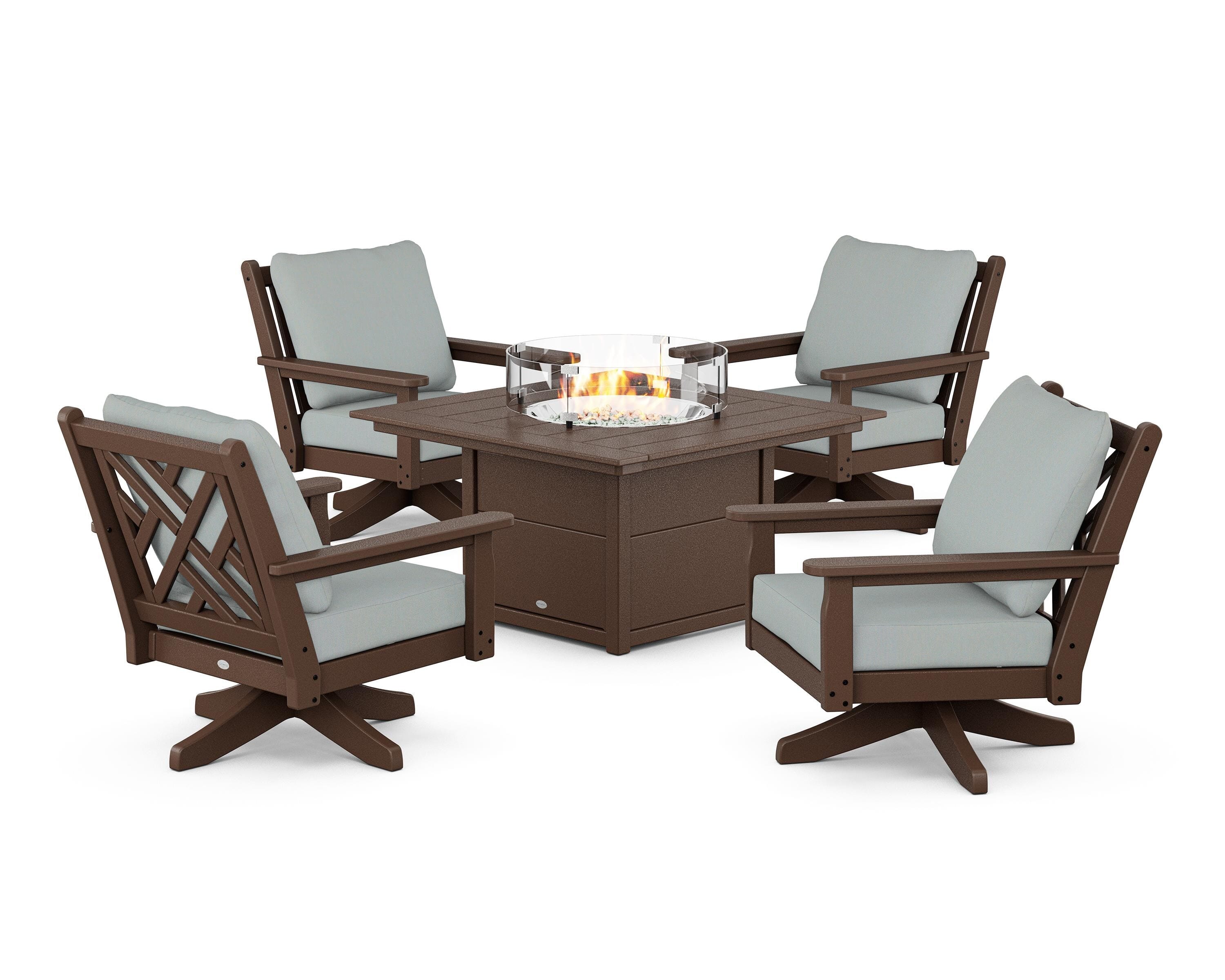 POLYWOOD® Chippendale 5-Piece Deep Seating Swivel Conversation Set with Fire Pit Table in Mahogany / Spa