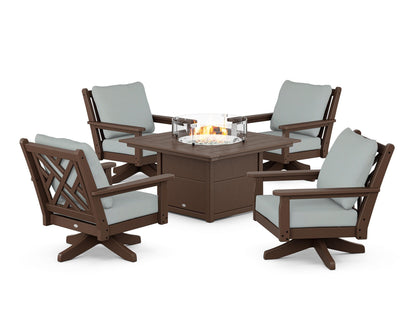 POLYWOOD® Chippendale 5-Piece Deep Seating Swivel Conversation Set with Fire Pit Table in Mahogany / Spa