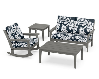 POLYWOOD® Vineyard 4-Piece Deep Seating Rocker Set in Slate Grey / Leaf Marine Indigo
