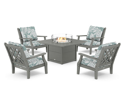 Country Living Wovendale 5-Piece Deep Seating Set with Fire Pit Table in Slate Grey / Leaf Glacier Spa