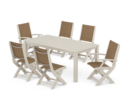 POLYWOOD® Coastal Folding Chair 7-Piece Parsons Dining Set in Sand / Burlap Sling
