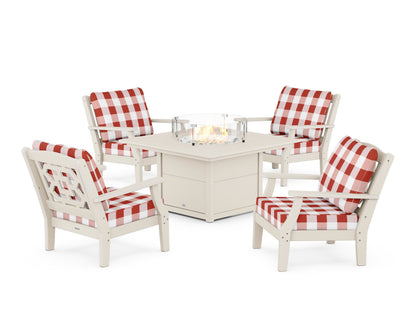 Martha Stewart by POLYWOOD® Chinoiserie 5-Piece Deep Seating Set with Fire Pit Table in Sand / Buffalo Plaid Crimson