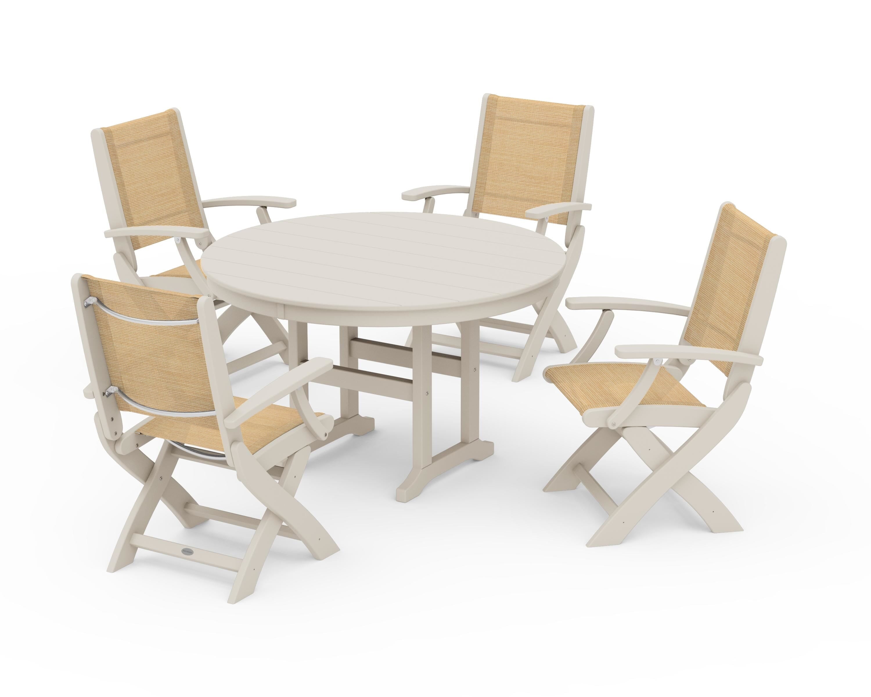 POLYWOOD® Coastal Folding Chair 5-Piece Round Dining Set in Sand / Dupioni Apricot Sling