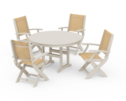 POLYWOOD® Coastal Folding Chair 5-Piece Round Dining Set in Sand / Dupioni Apricot Sling