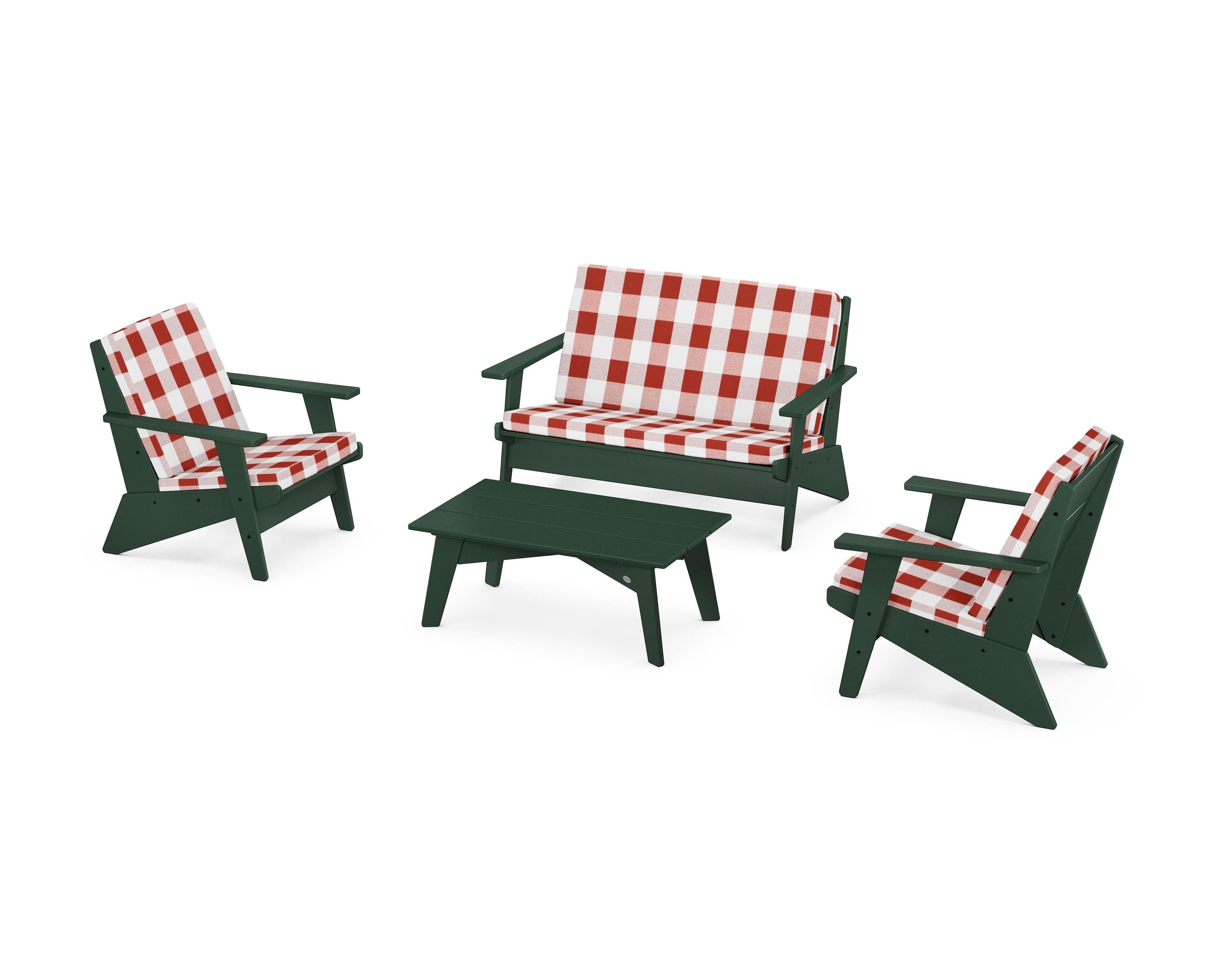 POLYWOOD® Riviera Modern Lounge 4-Piece Set in Green / Buffalo Plaid Crimson