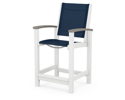 POLYWOOD® Coastal Counter Chair in White / Driftwood / Navy Blue Sling