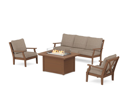 POLYWOOD® Braxton Deep Seating Fire Pit Table Set in Teak / Spiced Burlap