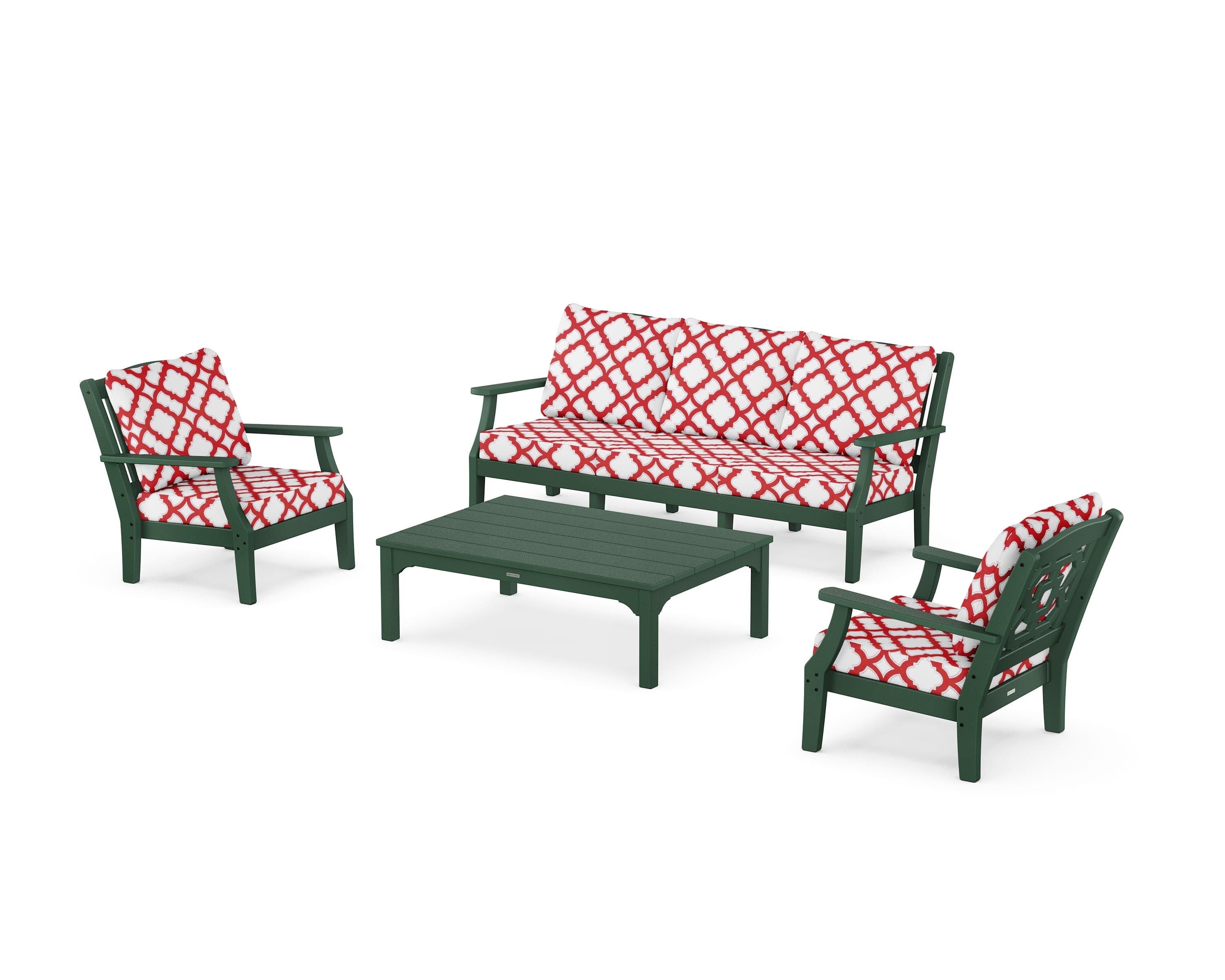 Martha Stewart by POLYWOOD® Chinoiserie 4-Piece Deep Seating Set with Sofa in Green / Trellis Crimson