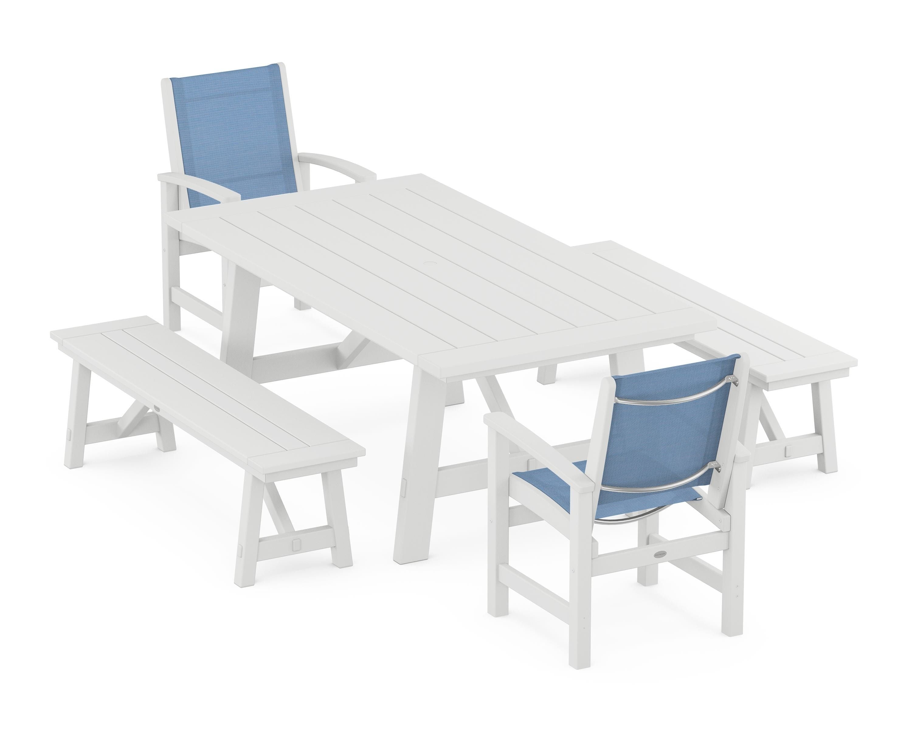 POLYWOOD® Coastal 5-Piece Rustic Farmhouse Dining Set With Benches in White / Poolside Sling