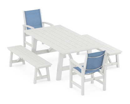 POLYWOOD® Coastal 5-Piece Rustic Farmhouse Dining Set With Benches in White / Poolside Sling