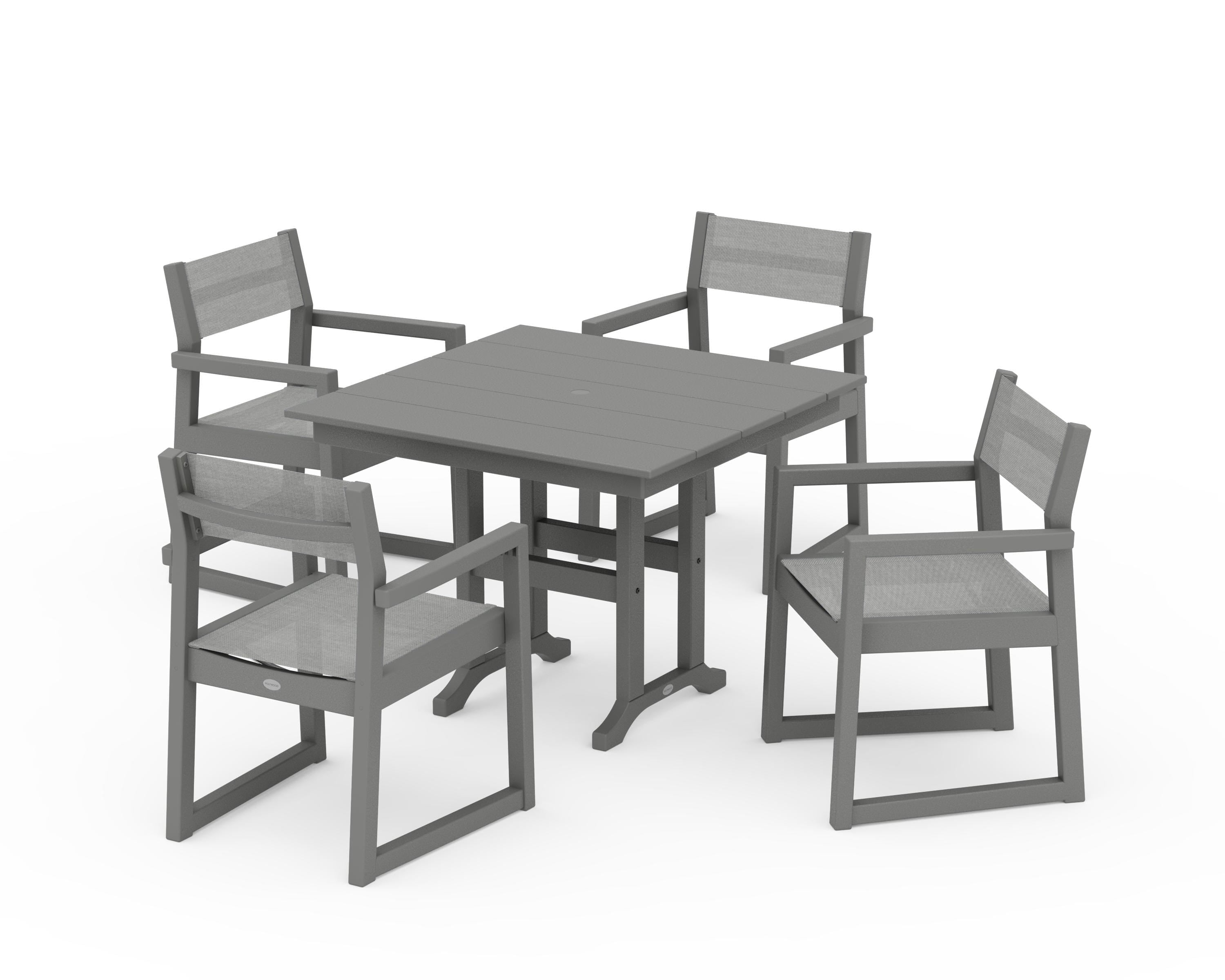 POLYWOOD® EDGE Sling Arm Chair 5-Piece Farmhouse Dining Set in Slate Grey / Metallic Sling