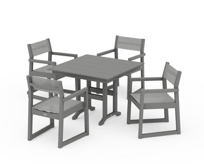 POLYWOOD® EDGE Sling Arm Chair 5-Piece Farmhouse Dining Set in Slate Grey / Metallic Sling