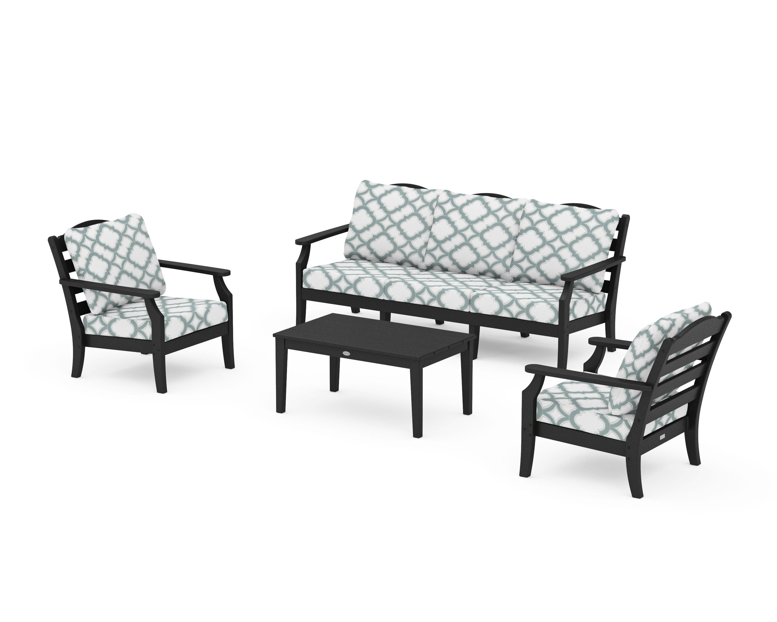 Draper James™ by  POLYWOOD® Savannah 4-Piece Deep Seating Set with Sofa in Black / Trellis Glacier Spa