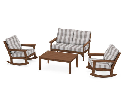 POLYWOOD® Vineyard 4-Piece Deep Seating Rocking Chair Set in Teak / Buffalo Plaid Grey Mist