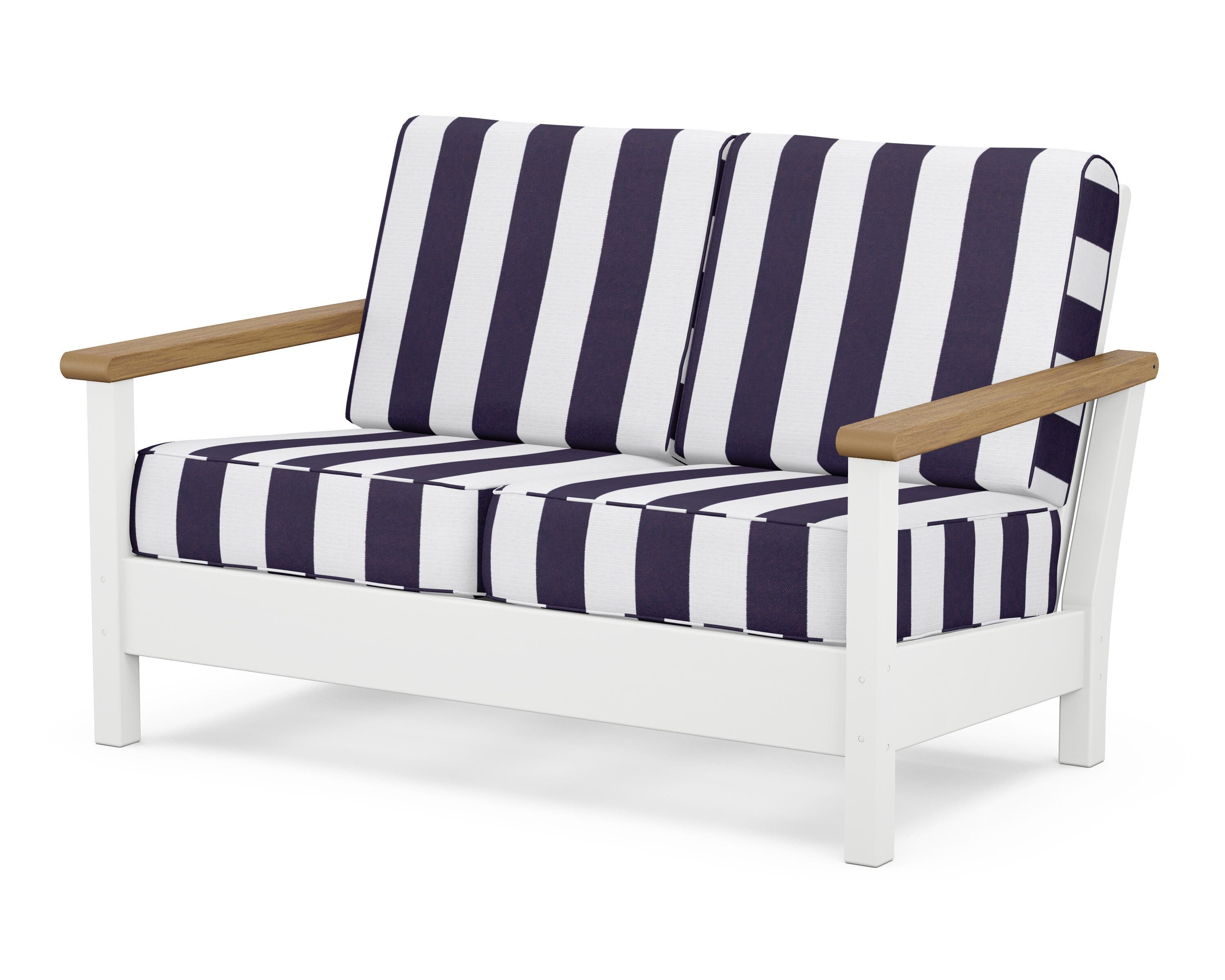 POLYWOOD® Harbour Deep Seating Loveseat in White / Natural / Cabana Stripe Navy