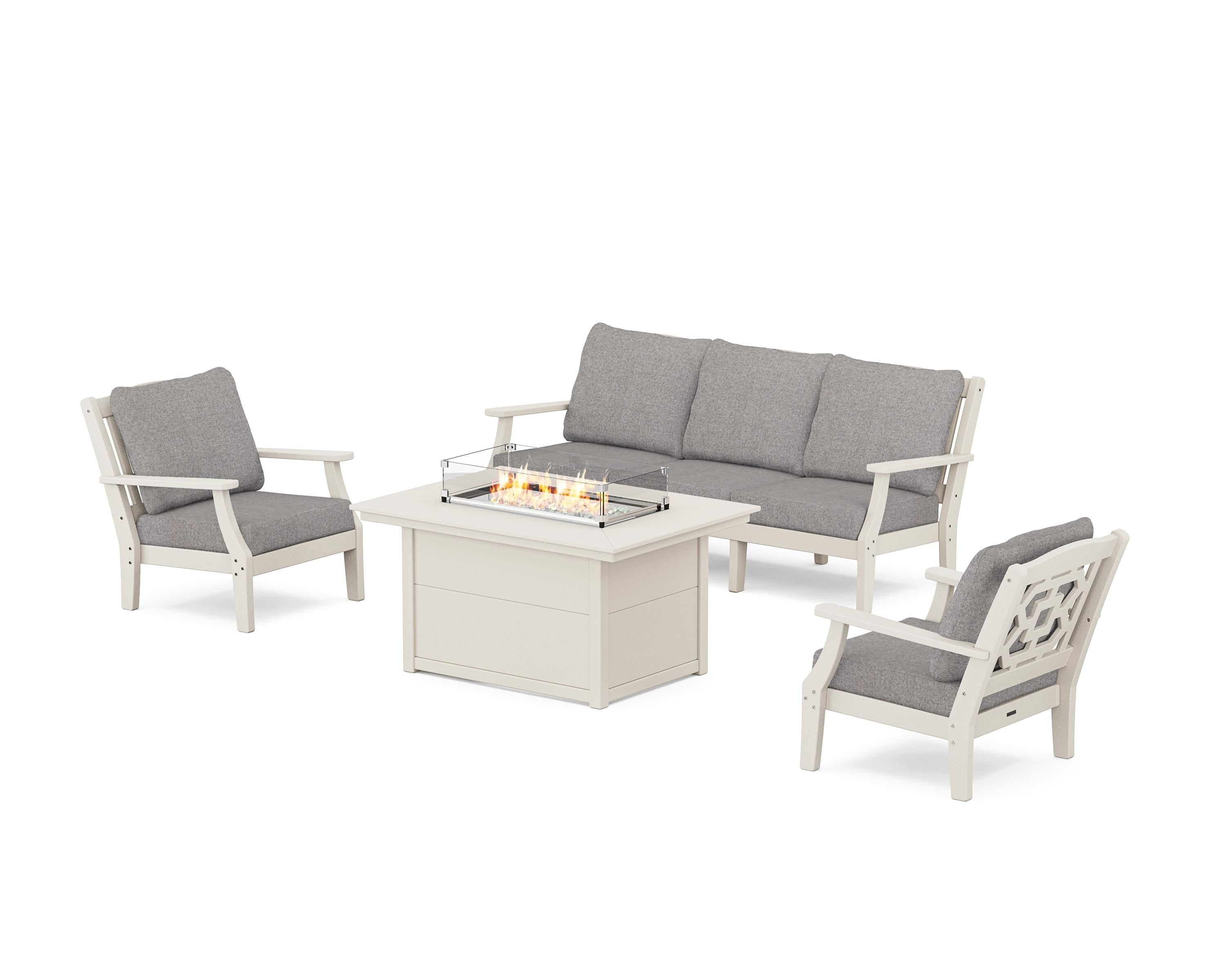 Martha Stewart by POLYWOOD® Chinoiserie Deep Seating Fire Pit Table Set in Sand / Grey Mist