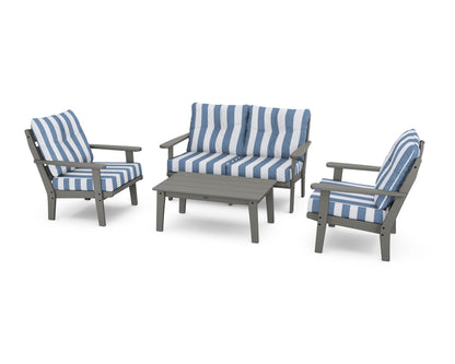 POLYWOOD® Lakeside 4-Piece Deep Seating Set in Slate Grey / Cabana Stripe Sky Blue