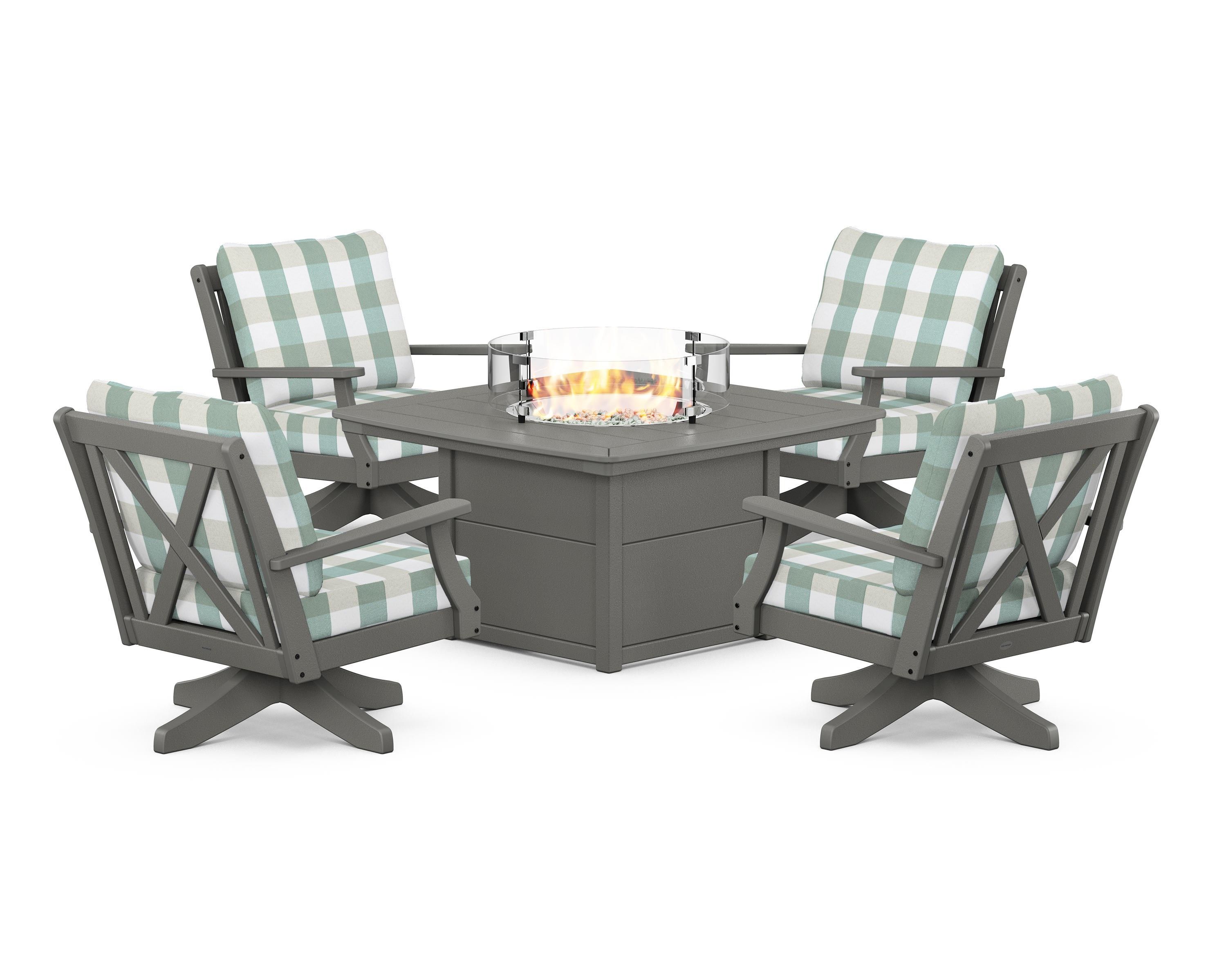 POLYWOOD® Braxton 5-Piece Deep Seating Swivel Conversation Set with Fire Pit Table in Slate Grey / Buffalo Plaid Glacier Spa