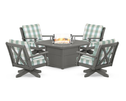 POLYWOOD® Braxton 5-Piece Deep Seating Swivel Conversation Set with Fire Pit Table in Slate Grey / Buffalo Plaid Glacier Spa