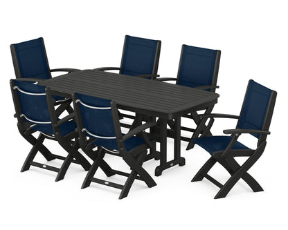 POLYWOOD® Coastal Folding Arm Chair 7-Piece Dining Set in Black / Navy Blue Sling