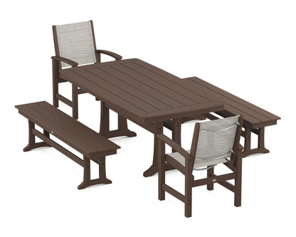 POLYWOOD® Coastal 5-Piece Dining Set with Trestle Legs and Benches in Mahogany / Birch Sling