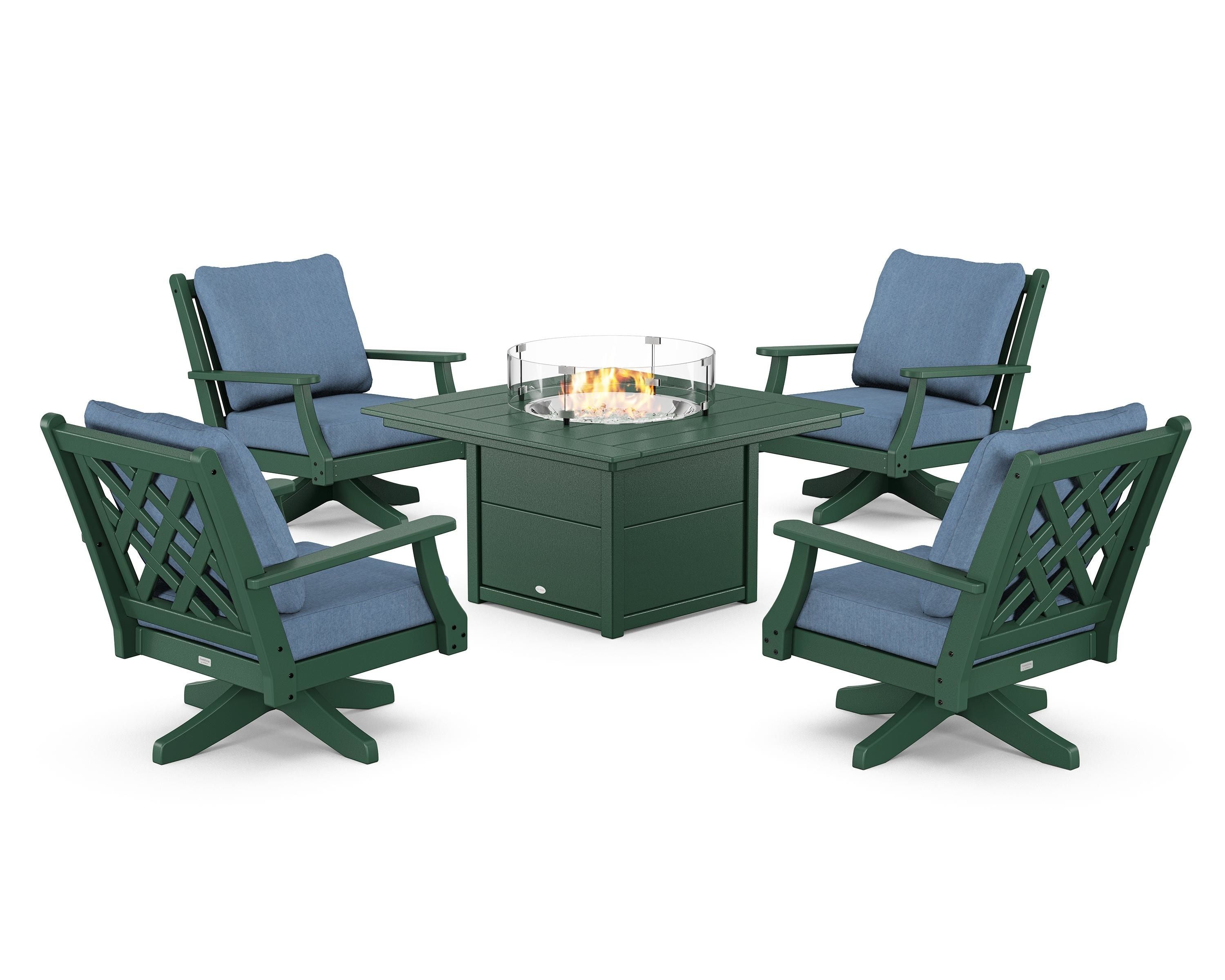 Country Living Wovendale 5-Piece Deep Seating Swivel Conversation Set with Fire Pit Table in Green / Sky Blue