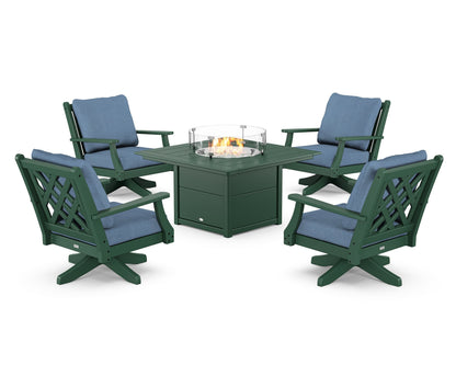 Country Living Wovendale 5-Piece Deep Seating Swivel Conversation Set with Fire Pit Table in Green / Sky Blue