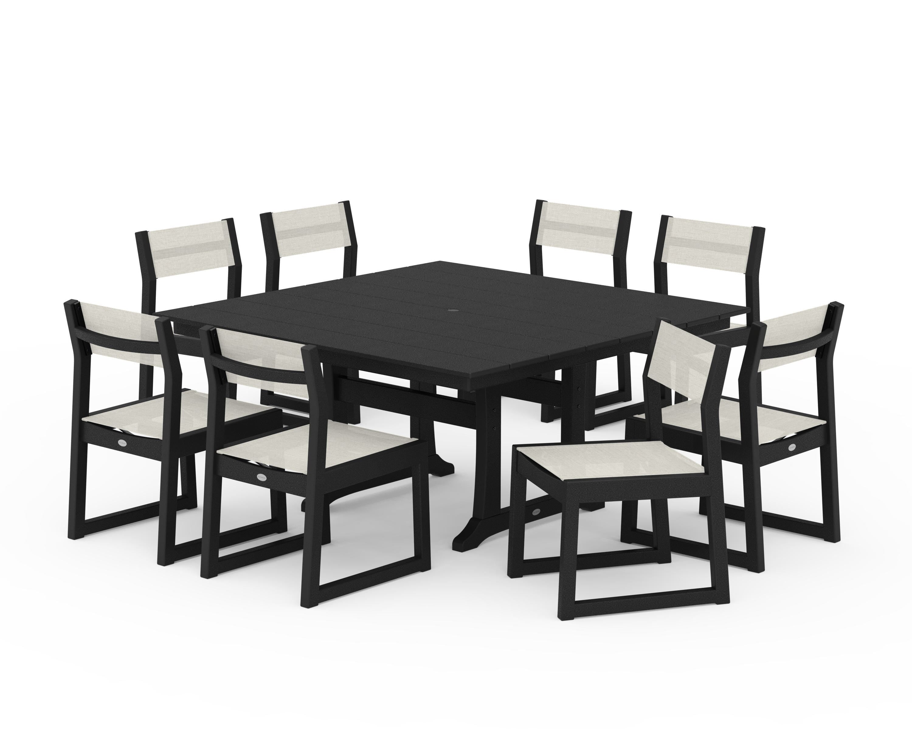 POLYWOOD® EDGE Sling Side Chair 9-Piece Farmhouse Trestle Dining Set in Black / Parchment Sling