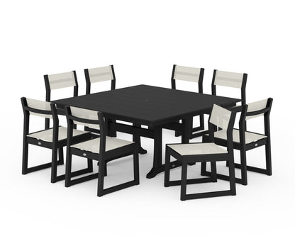 POLYWOOD® EDGE Sling Side Chair 9-Piece Farmhouse Trestle Dining Set in Black / Parchment Sling