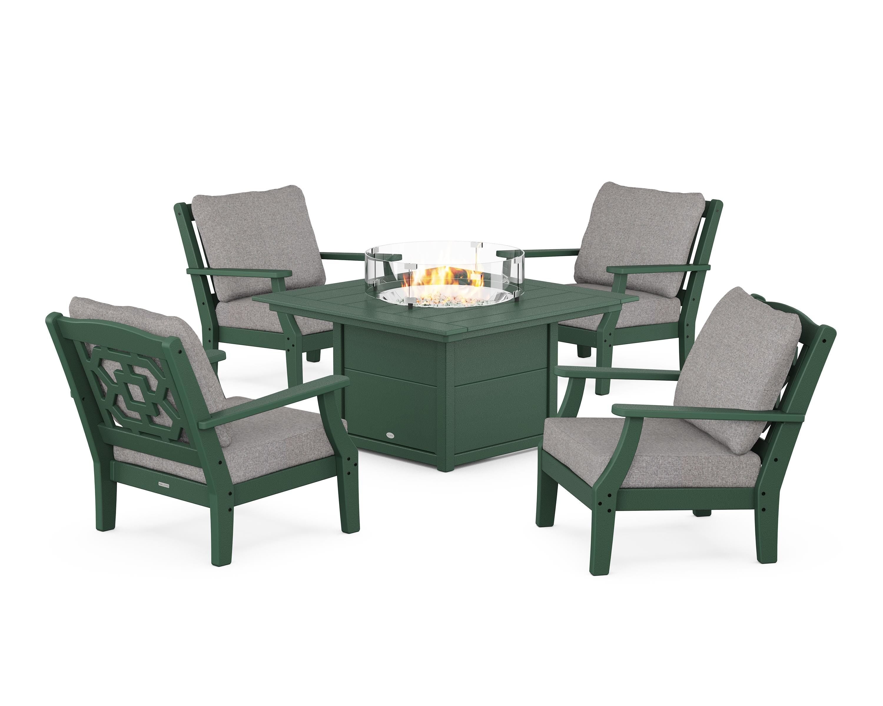Martha Stewart by POLYWOOD® Chinoiserie 5-Piece Deep Seating Set with Fire Pit Table in Green / Grey Mist