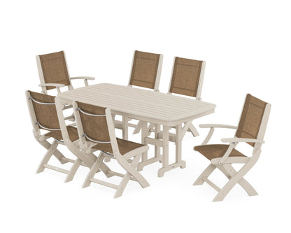 POLYWOOD® Coastal Folding Chair 7-Piece Dining Set in Sand / Burlap Sling